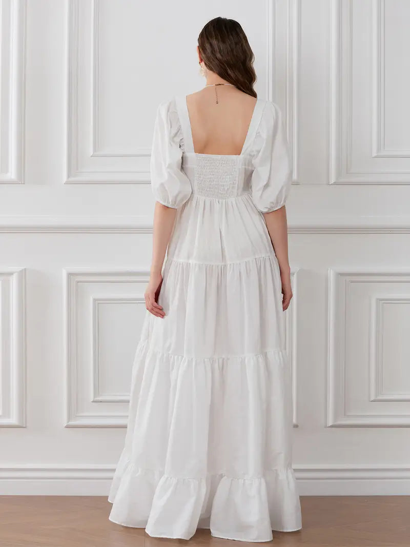 Women Long Dress Embroidery Smocked Square Neck Elbow-Length Sleeve Backless Flowy Dresses