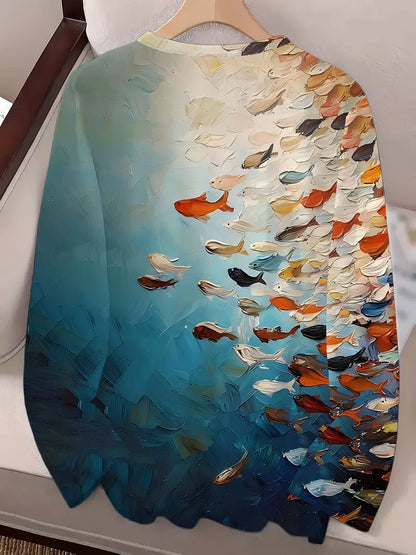 [Vibrant Print T-Shirt] Vibrant Print Women's Long Sleeve Fish Print T-Shirt | Ocean Scene with Fish, Coral & Sky Design, Breathable Round Neck Tee for Spring/Fall Casual Wear, Comfortable Fit