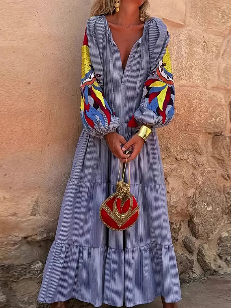 Women's Elegant V-Neck Maxi Dress with Puffed Sleeves & Blue Stripe Print - Adjustable Waist Tie Belt, Long Flowing Hem, Button Closure - Casual to Semi-Formal All-Season Machine Washable Dress for Beach Vacations