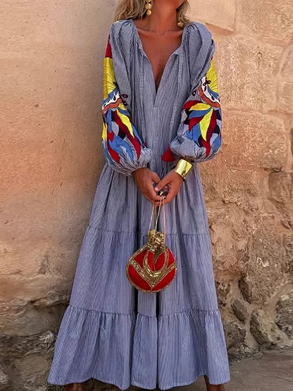 Women's Elegant V-Neck Maxi Dress with Puffed Sleeves & Blue Stripe Print - Adjustable Waist Tie Belt, Long Flowing Hem, Button Closure - Casual to Semi-Formal All-Season Machine Washable Dress for Beach Vacations