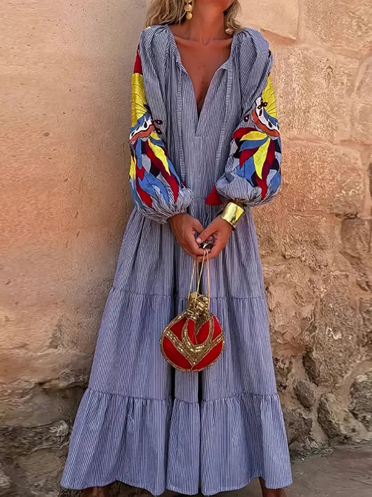Women's Elegant V-Neck Maxi Dress with Puffed Sleeves & Blue Stripe Print - Adjustable Waist Tie Belt, Long Flowing Hem, Button Closure - Casual to Semi-Formal All-Season Machine Washable Dress for Beach Vacations