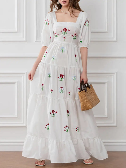Women Long Dress Embroidery Smocked Square Neck Elbow-Length Sleeve Backless Flowy Dresses