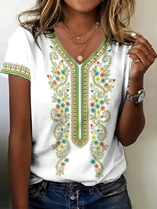 Casual Ethnic Style T-Shirt Summer Short Sleeve V-Neck Top Women's Clothing