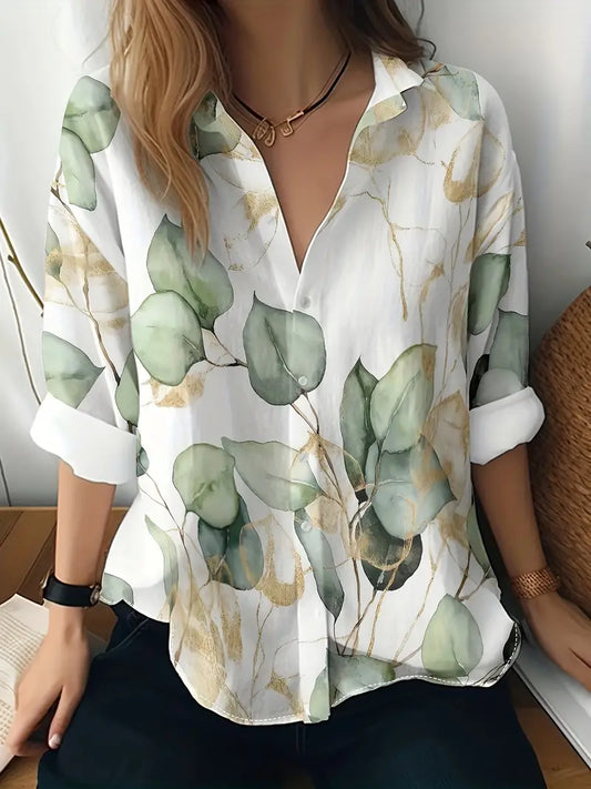 [Chic Look] Elegant Women's Leaf Pattern Button-Up Shirt - Casual Polyester, Machine Washable, Non-Stretch with Collar - White with Green & Golden Leaves Design, Ideal for Spring/Fall