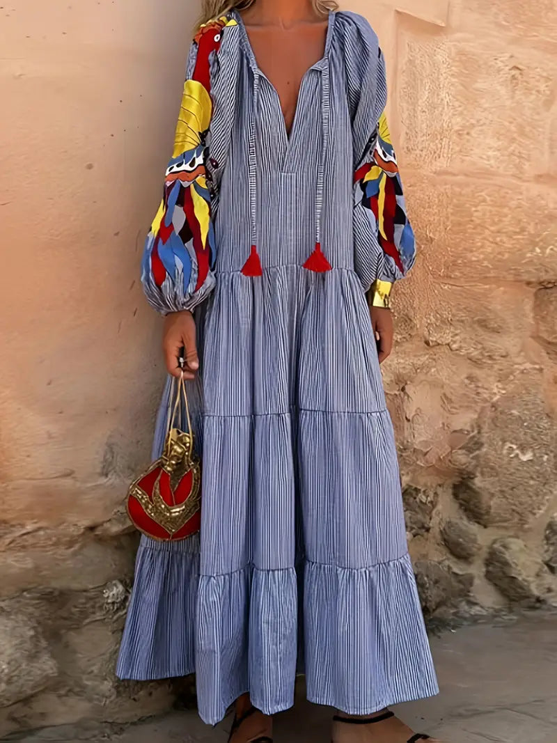 Women's Elegant V-Neck Maxi Dress with Puffed Sleeves & Blue Stripe Print - Adjustable Waist Tie Belt, Long Flowing Hem, Button Closure - Casual to Semi-Formal All-Season Machine Washable Dress for Beach Vacations