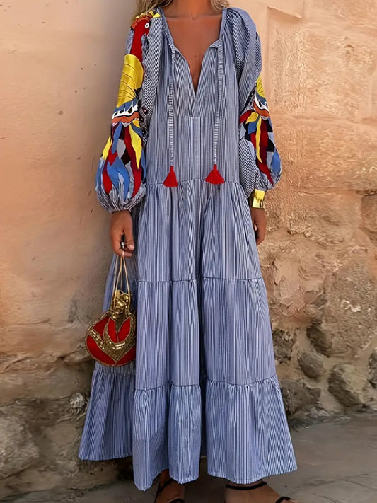 Women's Elegant V-Neck Maxi Dress with Puffed Sleeves & Blue Stripe Print - Adjustable Waist Tie Belt, Long Flowing Hem, Button Closure - Casual to Semi-Formal All-Season Machine Washable Dress for Beach Vacations