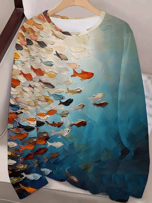[Vibrant Print T-Shirt] Vibrant Print Women's Long Sleeve Fish Print T-Shirt | Ocean Scene with Fish, Coral & Sky Design, Breathable Round Neck Tee for Spring/Fall Casual Wear, Comfortable Fit