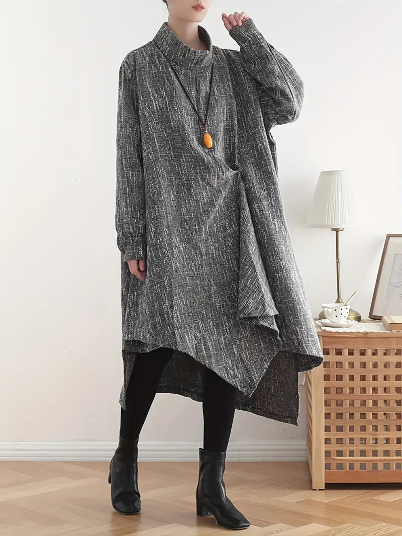 Women's Dress with Stand Collar Long Sleeves Irregular Asymmetrical Maxi Skirt for Office Commute Outing Picnic Travel, Picnic Attire, Travel Clothing, Bohemian Style