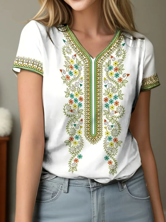 Casual Ethnic Style T-Shirt Summer Short Sleeve V-Neck Top Women's Clothing