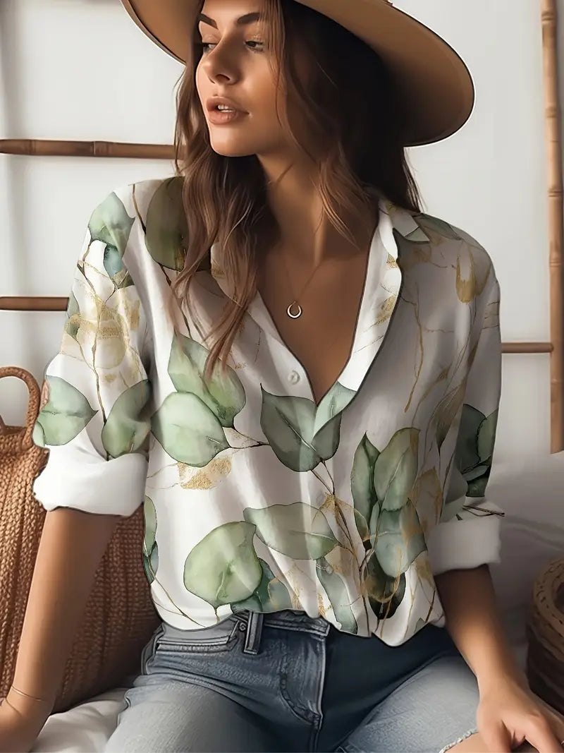 [Chic Look] Elegant Women's Leaf Pattern Button-Up Shirt - Casual Polyester, Machine Washable, Non-Stretch with Collar - White with Green & Golden Leaves Design, Ideal for Spring/Fall