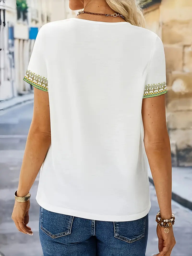 Casual Ethnic Style T-Shirt Summer Short Sleeve V-Neck Top Women's Clothing