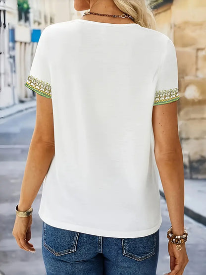 Casual Ethnic Style T-Shirt Summer Short Sleeve V-Neck Top Women's Clothing