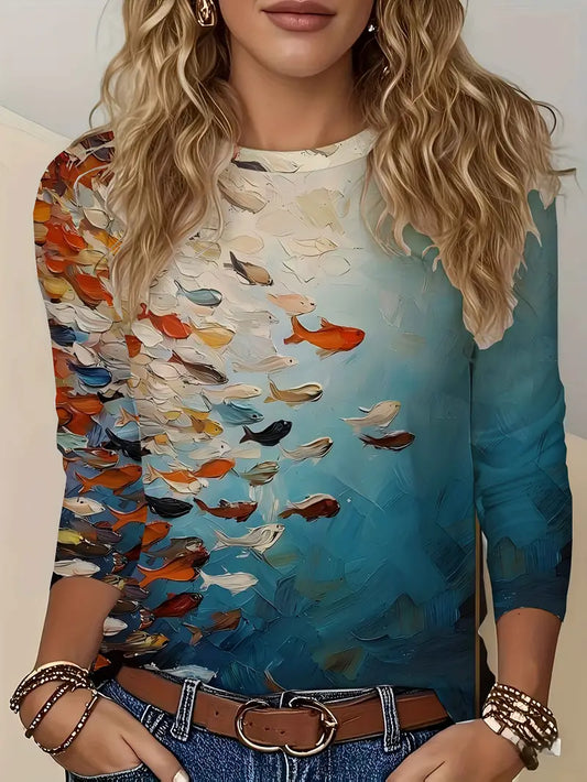 [Vibrant Print T-Shirt] Vibrant Print Women's Long Sleeve Fish Print T-Shirt | Ocean Scene with Fish, Coral & Sky Design, Breathable Round Neck Tee for Spring/Fall Casual Wear, Comfortable Fit