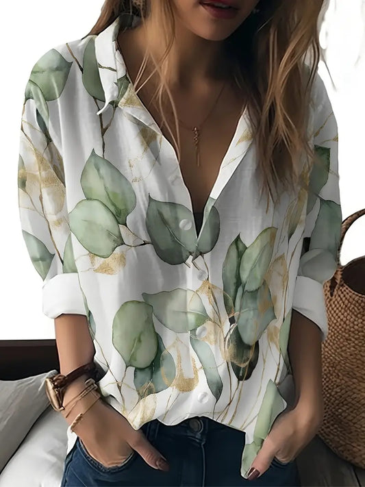 [Chic Look] Elegant Women's Leaf Pattern Button-Up Shirt - Casual Polyester, Machine Washable, Non-Stretch with Collar - White with Green & Golden Leaves Design, Ideal for Spring/Fall